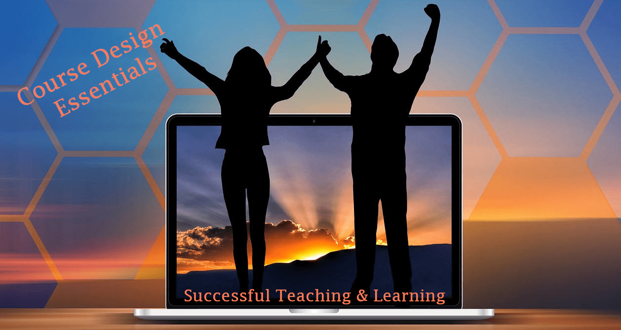 Certified Facilitator of Adult Learning Course Design essentials with man and woman standing on blackboard raised hands to the sun