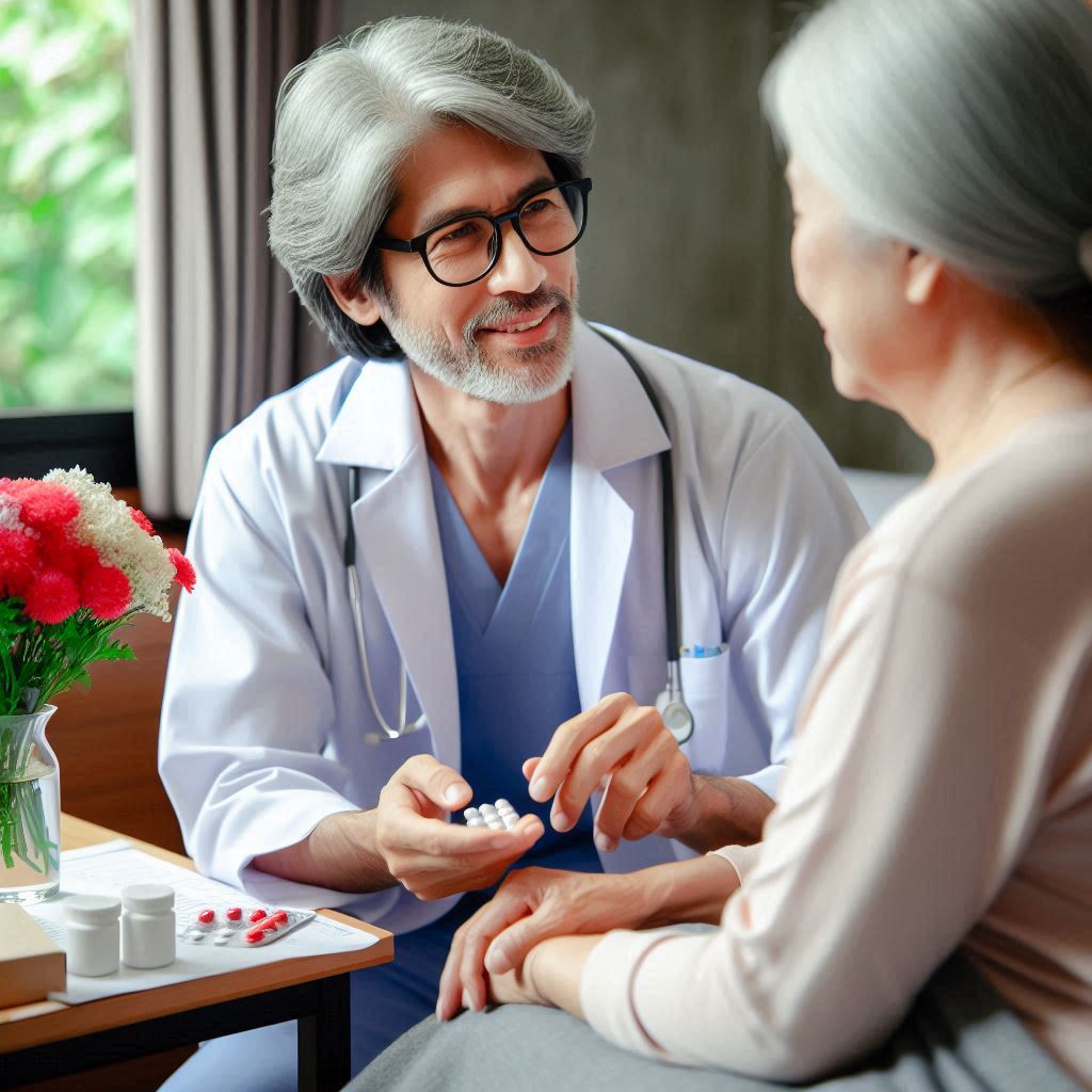 nurse teaching patient about medications