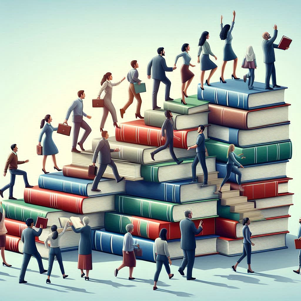 taking steps over books towards a goal